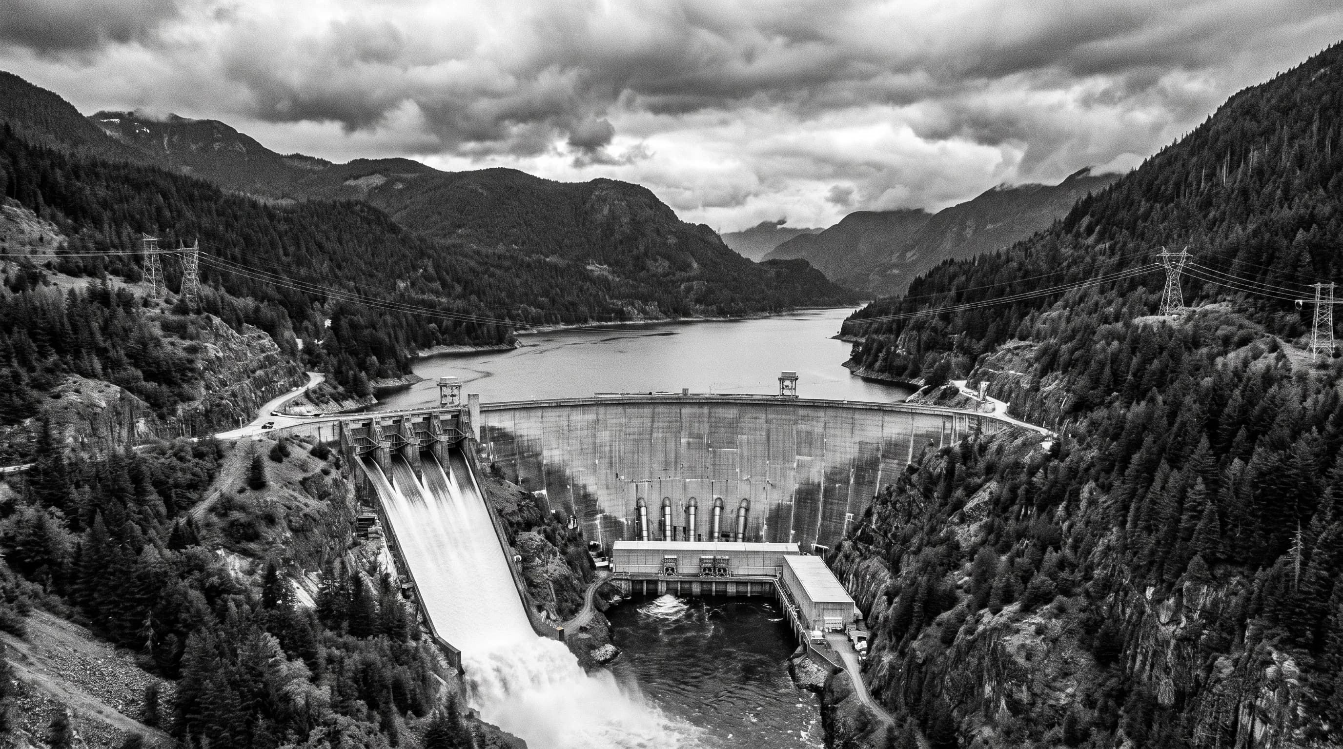 Paisagem panorâmica ampla de grandes obras de infraestrutura e recursos hídricos.