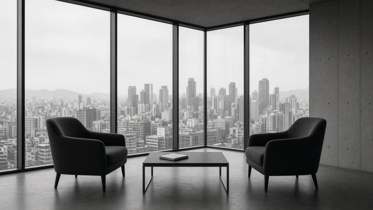Escritório contemporâneo com vista panorâmica urbana e negociação estratégica.
